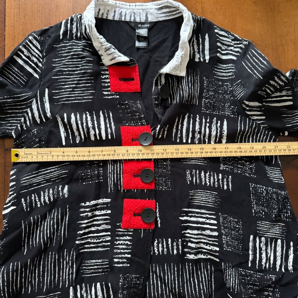 Ali Miles Womens Large Black White Abstract Art to Wear Button Front Jacket Red - Picture 6 of 7